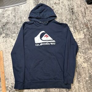 Quiksilver Mens Hoodie Navy Blue Large Logo Pullover‎ Sweatshirt L Surf Style